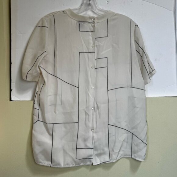 Theory NEW Klima Silk Button Back Silk Tee Blouse Geo Print Minimalist Neutral M - Picture 5 of 16